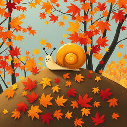 I am a little snail in autumn, resting on a hill covered with vibrant maple leaves