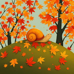 I am a little snail in autumn, resting on a hill covered with vibrant maple leaves