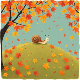 I am a little snail in autumn, climbing up a small hill covered with vibrant maple leaves