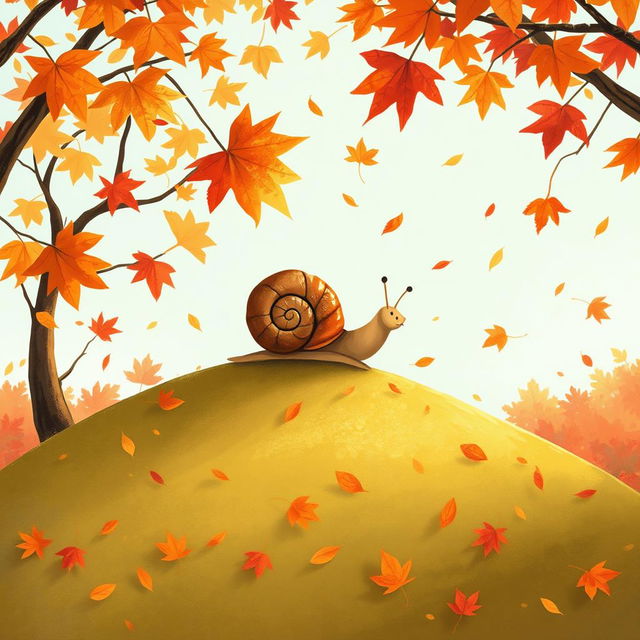 I am a little snail in autumn, climbing up a small hill covered with vibrant maple leaves