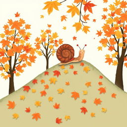 I am a little snail in autumn, climbing up a small hill covered with vibrant maple leaves