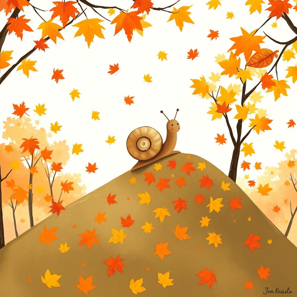 I am a little snail in autumn, climbing up a small hill covered with vibrant maple leaves