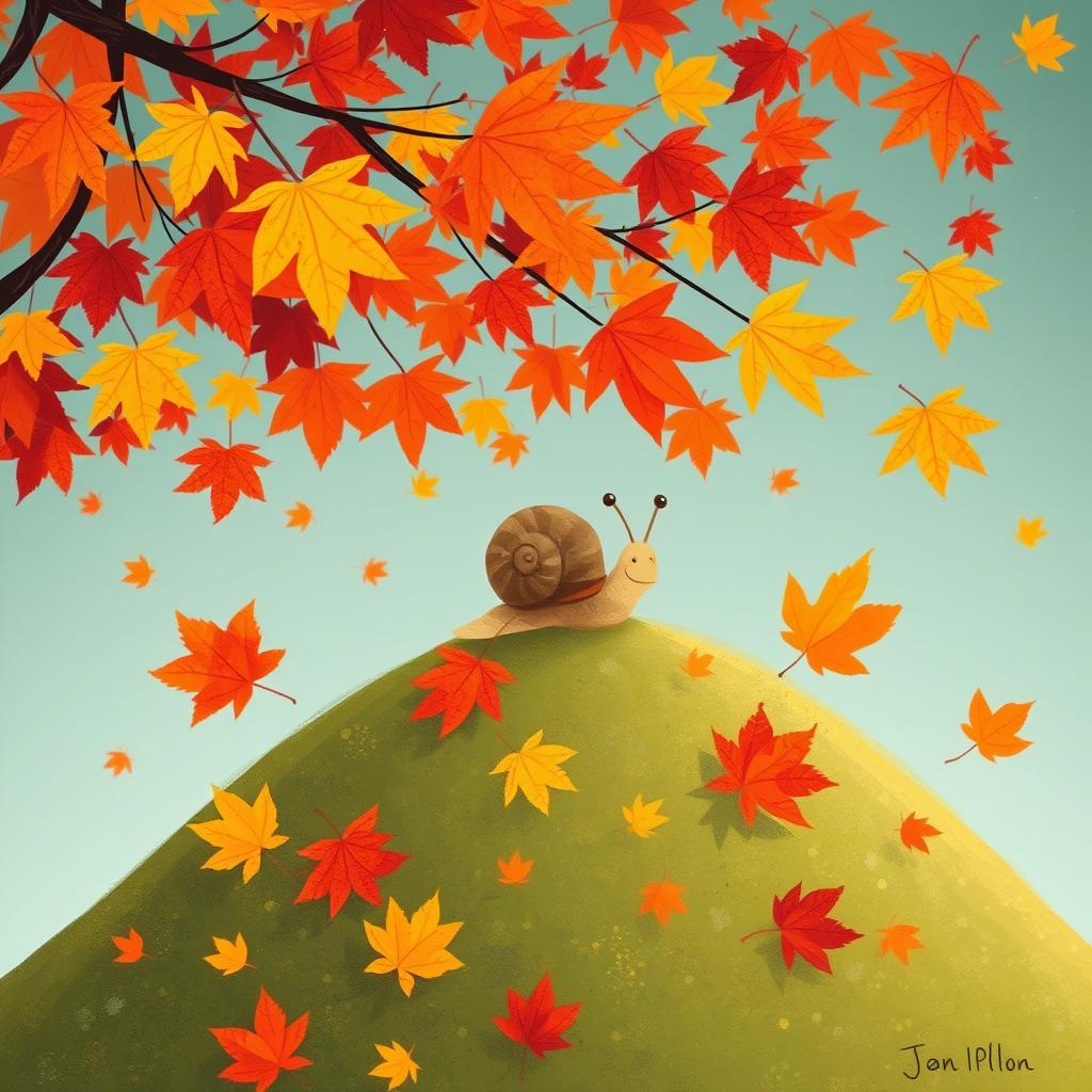 I am a little snail in autumn, climbing up a small hill covered with vibrant maple leaves