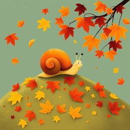 I am a little snail in autumn, climbing up a small hill covered with vibrant maple leaves