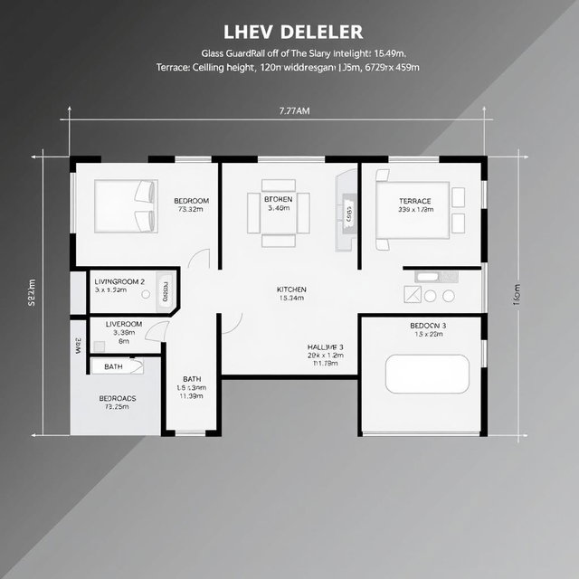A floor plan of a modern house showcasing detailed dimensions and layouts