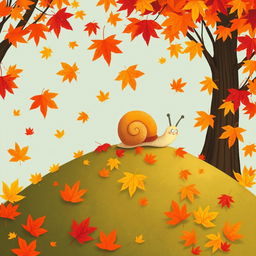 I am a little snail in autumn, climbing up a small hill covered with vibrant maple leaves