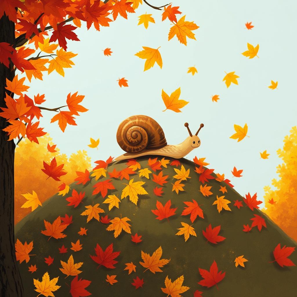 I am a little snail in autumn, climbing up a small hill covered with vibrant maple leaves