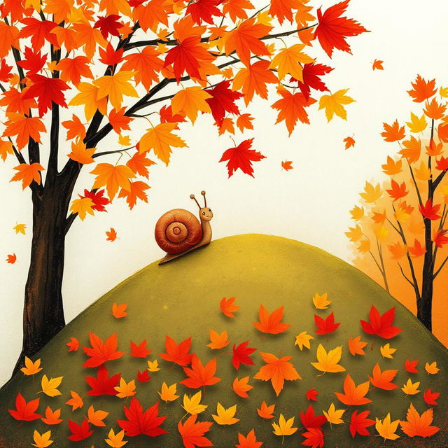 I am a little snail in autumn, climbing up a small hill covered with vibrant maple leaves