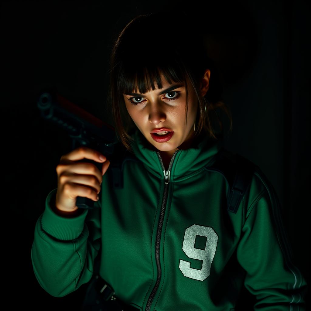 A dramatic scene featuring a soldier from the Squid Game, in a tense moment, holding a gun to her own head, expressing deep despair and conflict