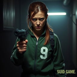 A dramatic scene featuring a soldier from the Squid Game, in a tense moment, holding a gun to her own head, expressing deep despair and conflict