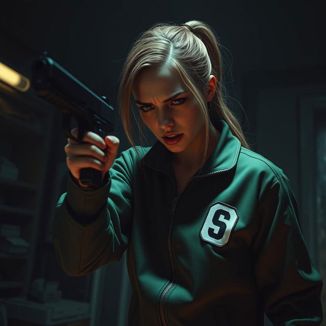 A dramatic scene featuring a soldier from the Squid Game, in a tense moment, holding a gun to her own head, expressing deep despair and conflict