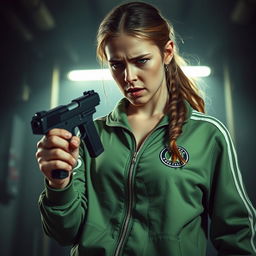 A dramatic scene featuring a soldier from the Squid Game, in a tense moment, holding a gun to her own head, expressing deep despair and conflict