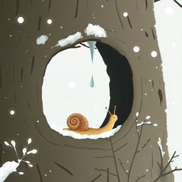 I am a little snail in winter, resting at the entrance of a tree hollow where a tiny, frozen droplet hangs delicately from the edge