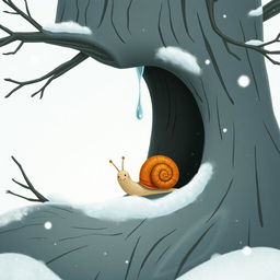 I am a little snail in winter, resting at the entrance of a tree hollow where a tiny, frozen droplet hangs delicately from the edge