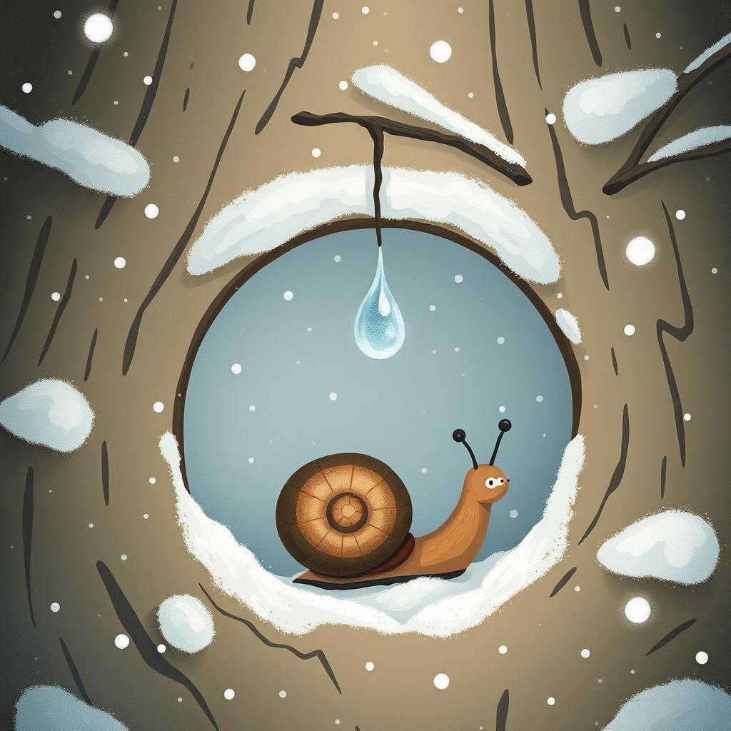 I am a little snail in winter, resting at the entrance of a tree hollow where a tiny, frozen droplet hangs delicately from the edge