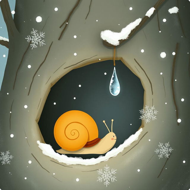 I am a little snail in winter, resting at the entrance of a tree hollow where a tiny, frozen droplet hangs delicately from the edge