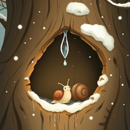 I am a little snail in winter, resting at the entrance of a tree hollow where a tiny, frozen droplet hangs delicately from the edge
