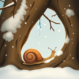 I am a little snail in winter, resting at the entrance of a tree hollow where a tiny, frozen droplet hangs delicately from the edge