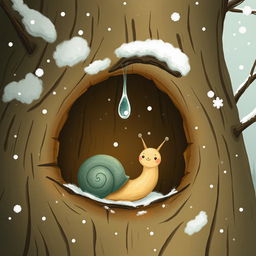 I am a little snail in winter, resting at the entrance of a tree hollow where a tiny, frozen droplet hangs delicately from the edge