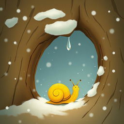 I am a little snail with a yellow shell in winter, resting at the entrance of a tree hollow where a tiny, frozen droplet hangs delicately from the edge