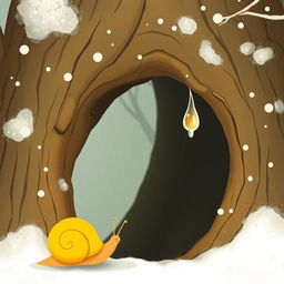 I am a little snail with a yellow shell in winter, resting at the entrance of a tree hollow where a tiny, frozen droplet hangs delicately from the edge