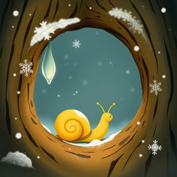 I am a little snail with a yellow shell in winter, resting at the entrance of a tree hollow where a tiny, frozen droplet hangs delicately from the edge