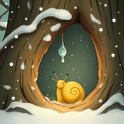 I am a little snail with a yellow shell in winter, resting at the entrance of a tree hollow where a tiny, frozen droplet hangs delicately from the edge