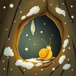I am a little snail with a yellow shell in winter, resting at the entrance of a tree hollow where a tiny, frozen droplet hangs delicately from the edge