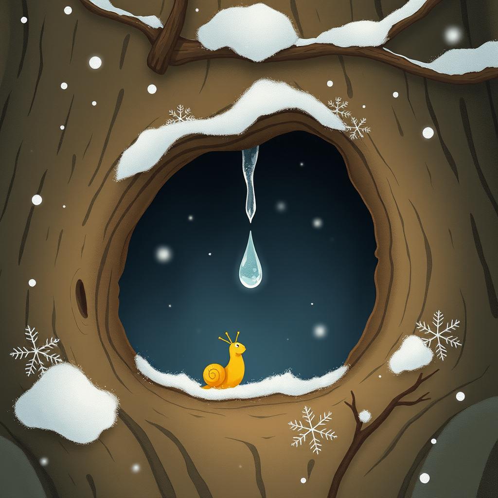 I am a little snail with a yellow shell in winter, resting at the entrance of a tree hollow where a tiny, frozen droplet hangs delicately from the edge