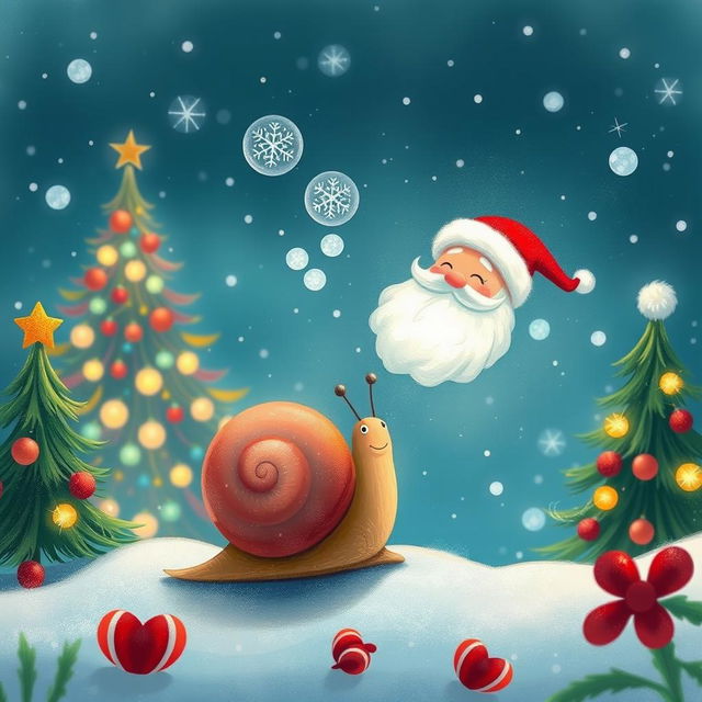 I am a little snail, and I’m daydreaming about Santa Claus in a whimsical world filled with holiday cheer