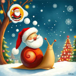 I am a little snail, and I’m daydreaming about Santa Claus in a whimsical world filled with holiday cheer