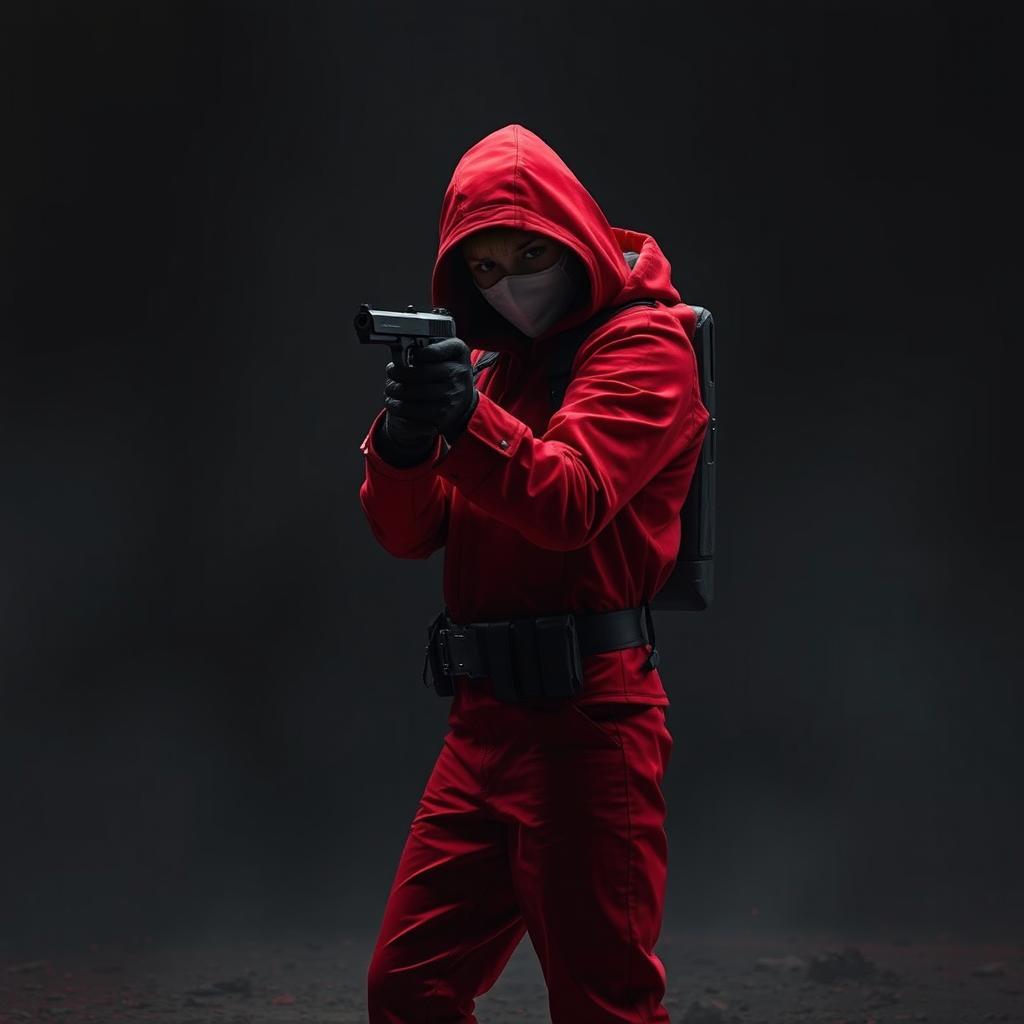 A dramatic scene featuring a red-suited soldier inspired by themes from a dystopian game, standing alone in a stark, desolate environment