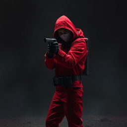 A dramatic scene featuring a red-suited soldier inspired by themes from a dystopian game, standing alone in a stark, desolate environment