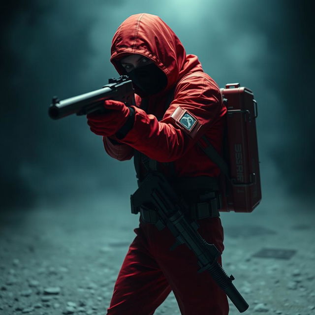 A dramatic scene featuring a red-suited soldier inspired by themes from a dystopian game, standing alone in a stark, desolate environment
