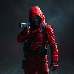 A dramatic scene featuring a red-suited soldier inspired by themes from a dystopian game, standing alone in a stark, desolate environment