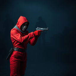 A dramatic scene featuring a red-suited soldier inspired by themes from a dystopian game, standing alone in a stark, desolate environment