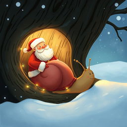 I am a little snail, nestled inside a cozy tree hollow, daydreaming about Santa Claus