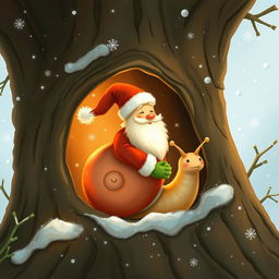 I am a little snail, nestled inside a cozy tree hollow, daydreaming about Santa Claus