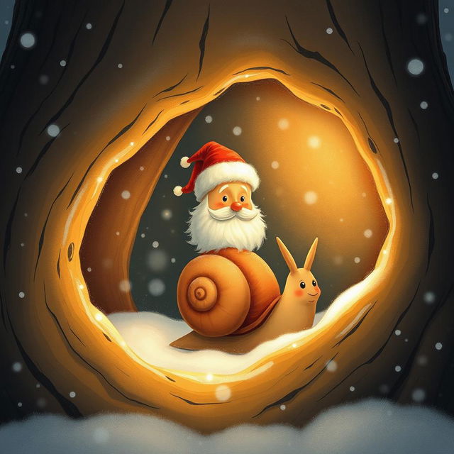 I am a little snail, nestled inside a cozy tree hollow, daydreaming about Santa Claus