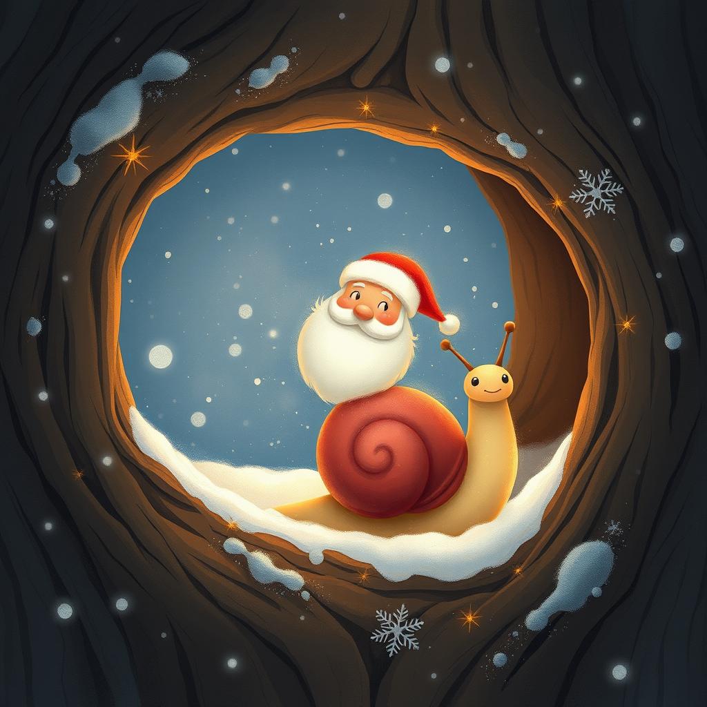 I am a little snail, nestled inside a cozy tree hollow, daydreaming about Santa Claus