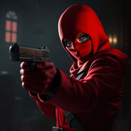 A dramatic scene featuring a red soldier from the Squid Game universe, dressed in a striking red uniform and mask, in a moment of intense emotion as she points a gun at herself