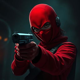 A dramatic scene featuring a red soldier from the Squid Game universe, dressed in a striking red uniform and mask, in a moment of intense emotion as she points a gun at herself