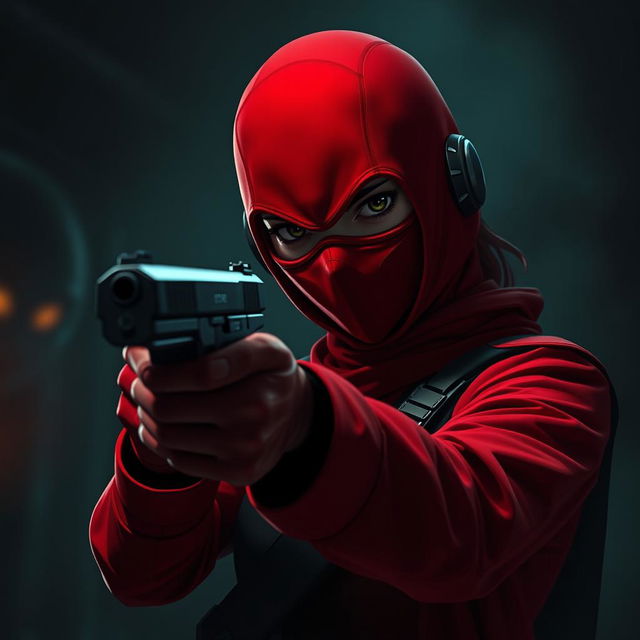 A dramatic scene featuring a red soldier from the Squid Game universe, dressed in a striking red uniform and mask, in a moment of intense emotion as she points a gun at herself