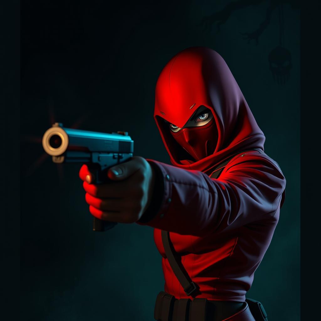 A dramatic scene featuring a red soldier from the Squid Game universe, dressed in a striking red uniform and mask, in a moment of intense emotion as she points a gun at herself
