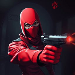A dramatic scene featuring a red soldier from the Squid Game universe, dressed in a striking red uniform and mask, in a moment of intense emotion as she points a gun at herself