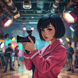A surreal scene inspired by the concept of a film shoot depicting a dramatic monologue where a character dressed in a Squid Game uniform is poised to film herself