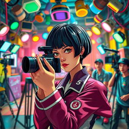 A surreal scene inspired by the concept of a film shoot depicting a dramatic monologue where a character dressed in a Squid Game uniform is poised to film herself