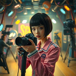 A surreal scene inspired by the concept of a film shoot depicting a dramatic monologue where a character dressed in a Squid Game uniform is poised to film herself
