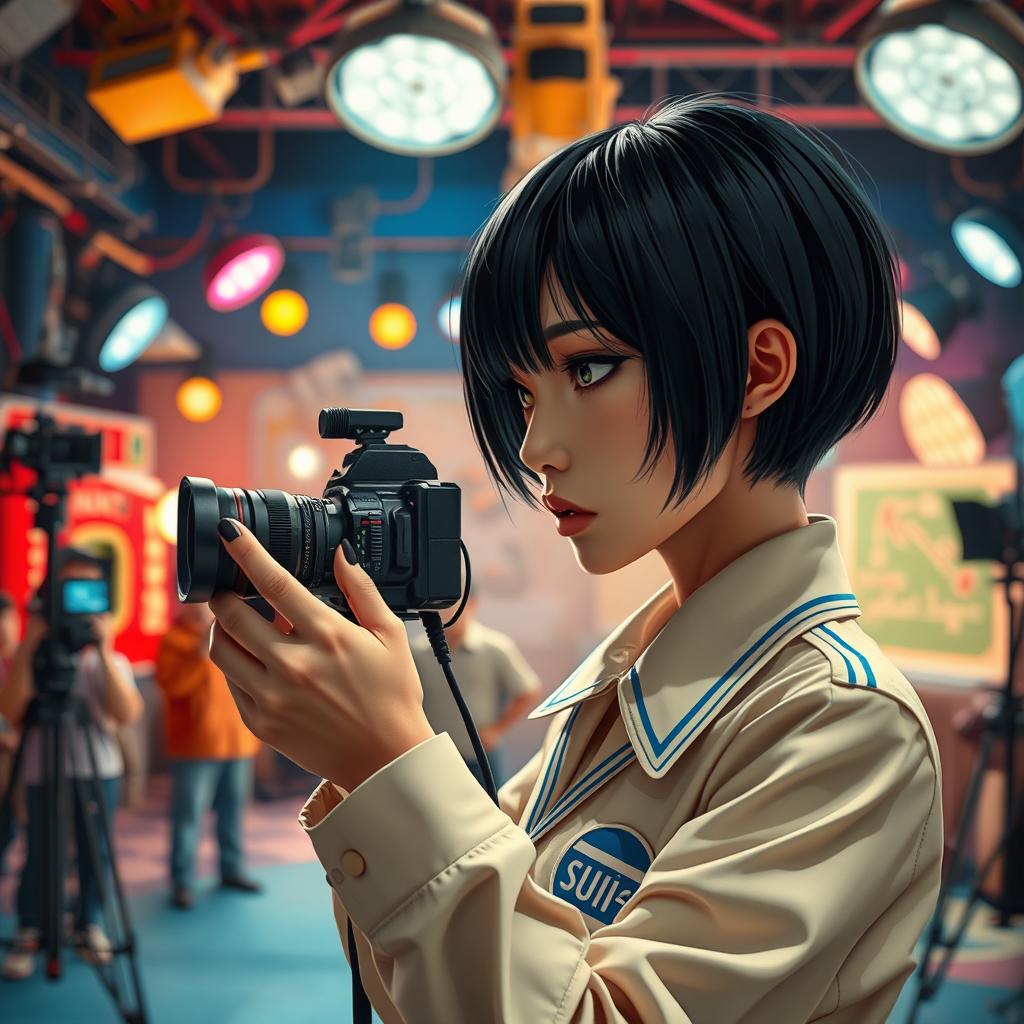 A surreal scene inspired by the concept of a film shoot depicting a dramatic monologue where a character dressed in a Squid Game uniform is poised to film herself