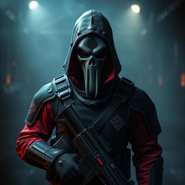 A mysterious and menacing squid game soldier in a dark, atmospheric setting